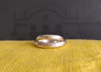Hammered wedding bands in white gold